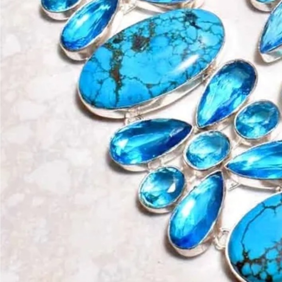 Gorgeous Tibetan Turquoise + Blue Topaz cluster statement cuff bracelet - Picture 7 of 15